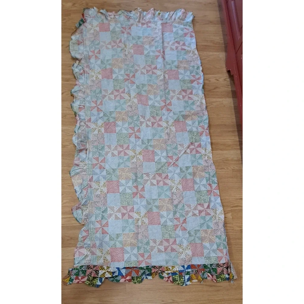 Pair Of 2 Drapery Panals Hamdmade  Granny Square With Ruffles 1970's‎
